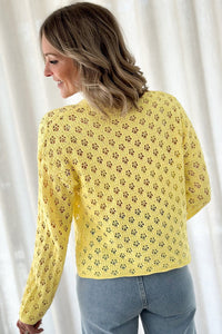 Yellow Pointelle Knit V Neck Sweater Cardigan