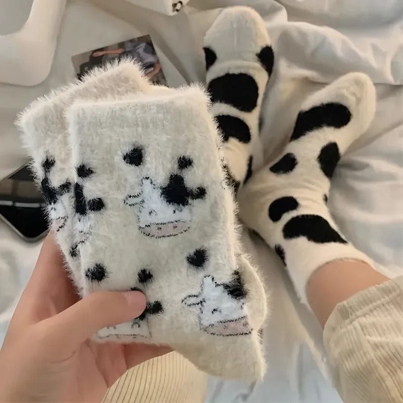 2 Pairs Cute Cow Spots Print Socks, Thickened & Warm Coral Fleece Socks, Women's Stockings & Hosiery