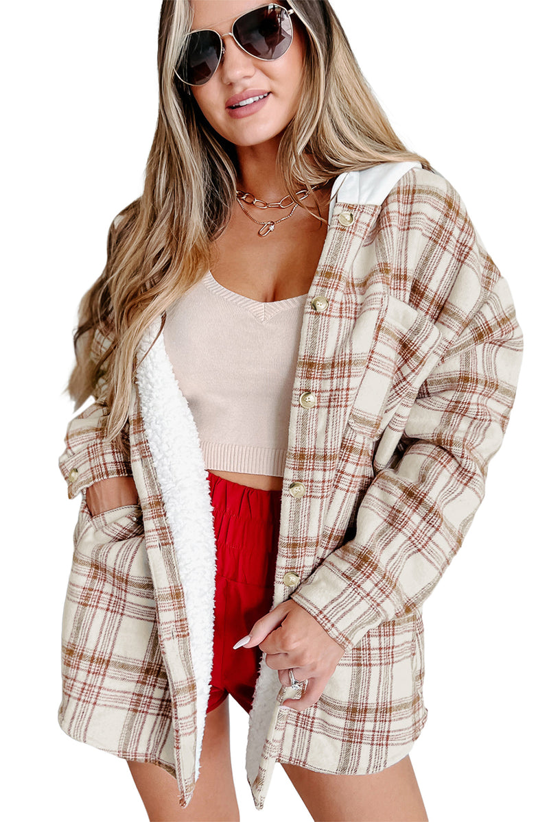 Fiery Red Sherpa Lined Hooded Plaid Jacket