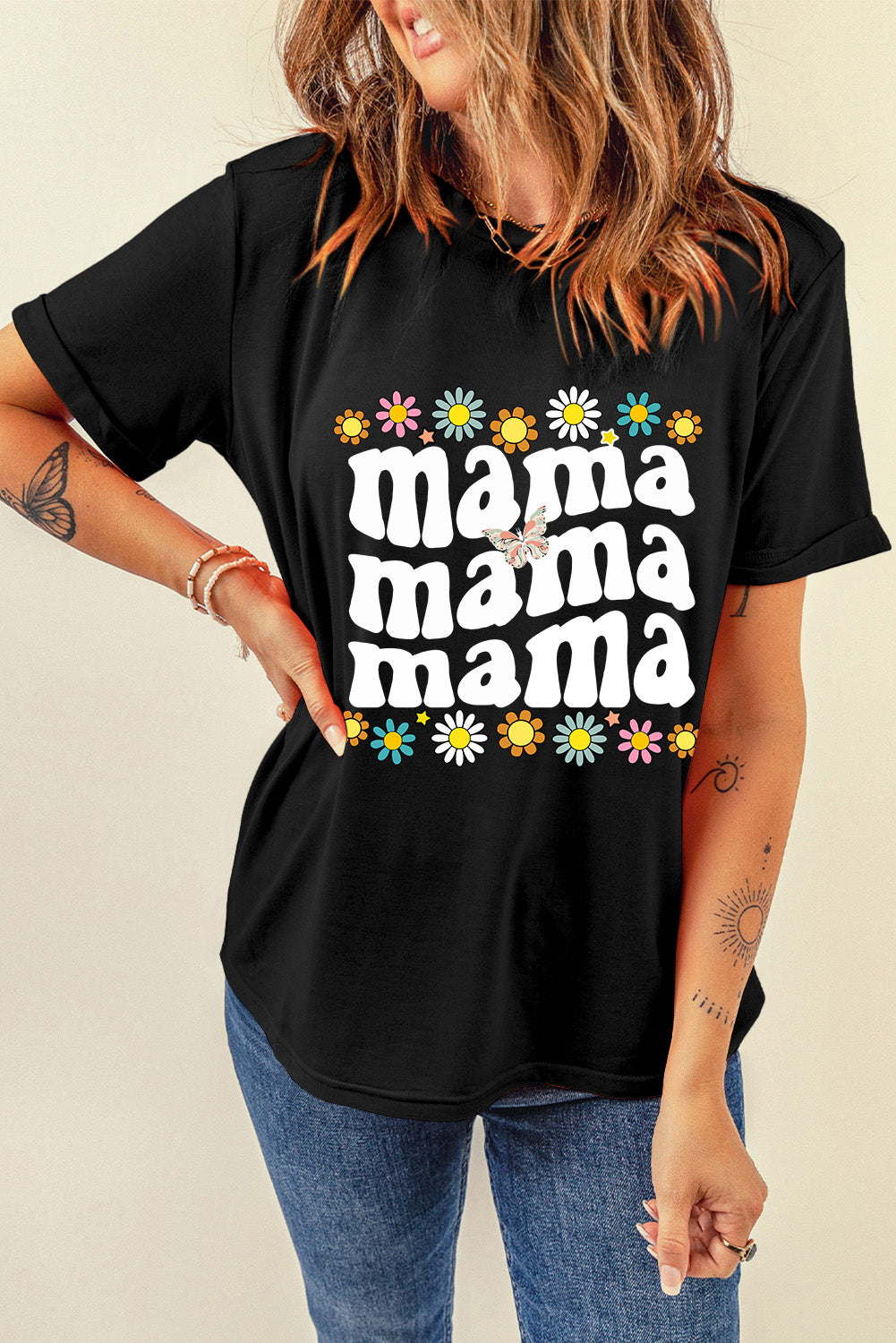 Black Floral mama Butterfly Graphic T Shirt