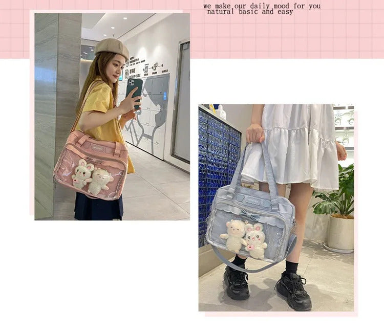 Japanese Cute Transparent Canvas Itabag Fashion Girls One Shoulder Bag Student Personality Crossbody Bag with Badge Doll Ita Bag