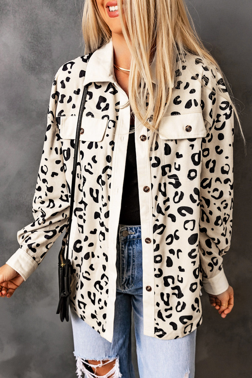 Apricot Collared Neckline Flap Pockets Leopard Corduroy Jacket