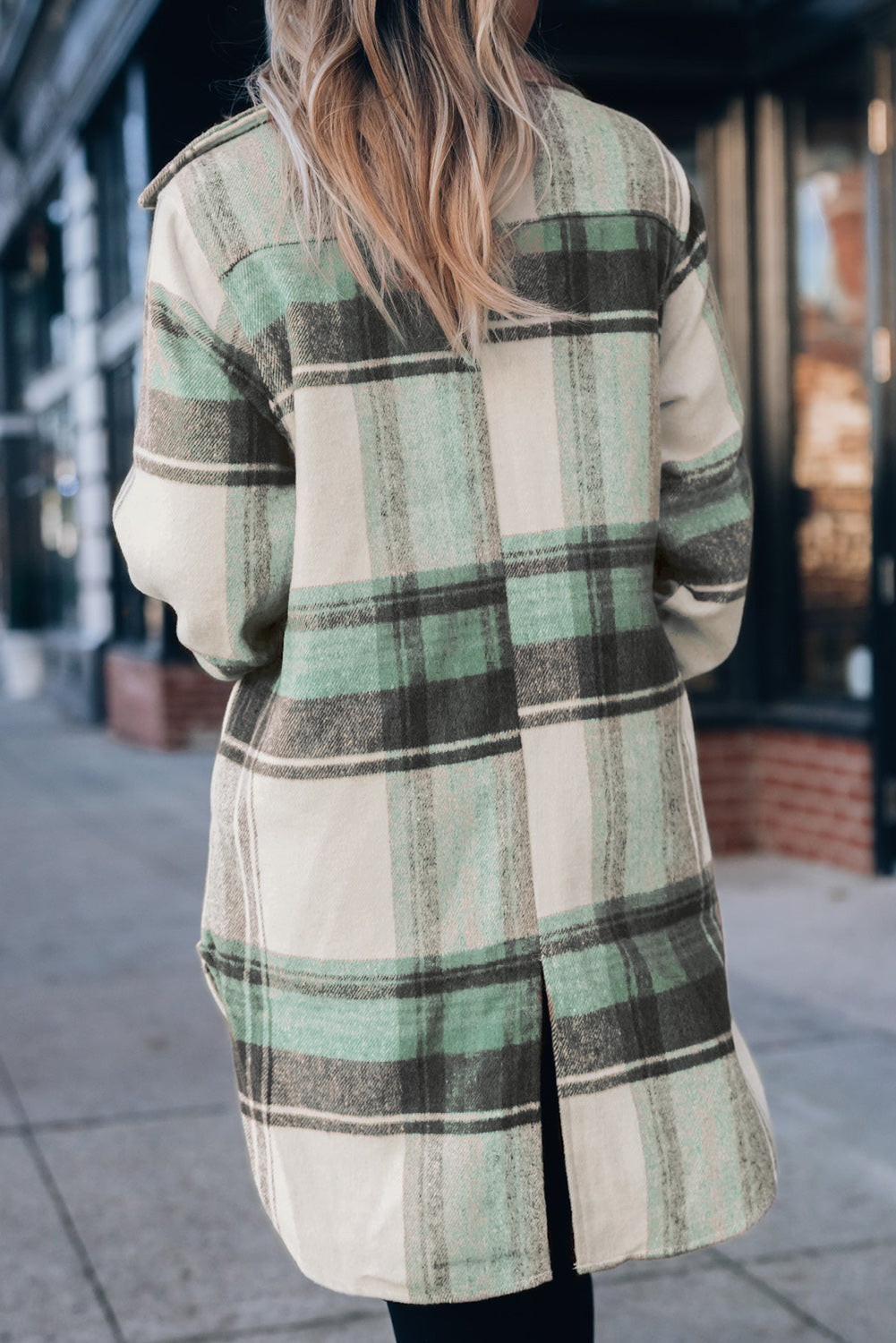 Brown Plaid Print Flap Pockets Long Shacket