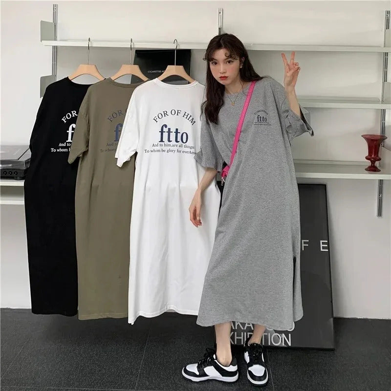 1 Piece plus Size WOMEN'S Loose Split Knee-length T-shirt Dress Casual Simple Fashionable Letter Print Nightgowns