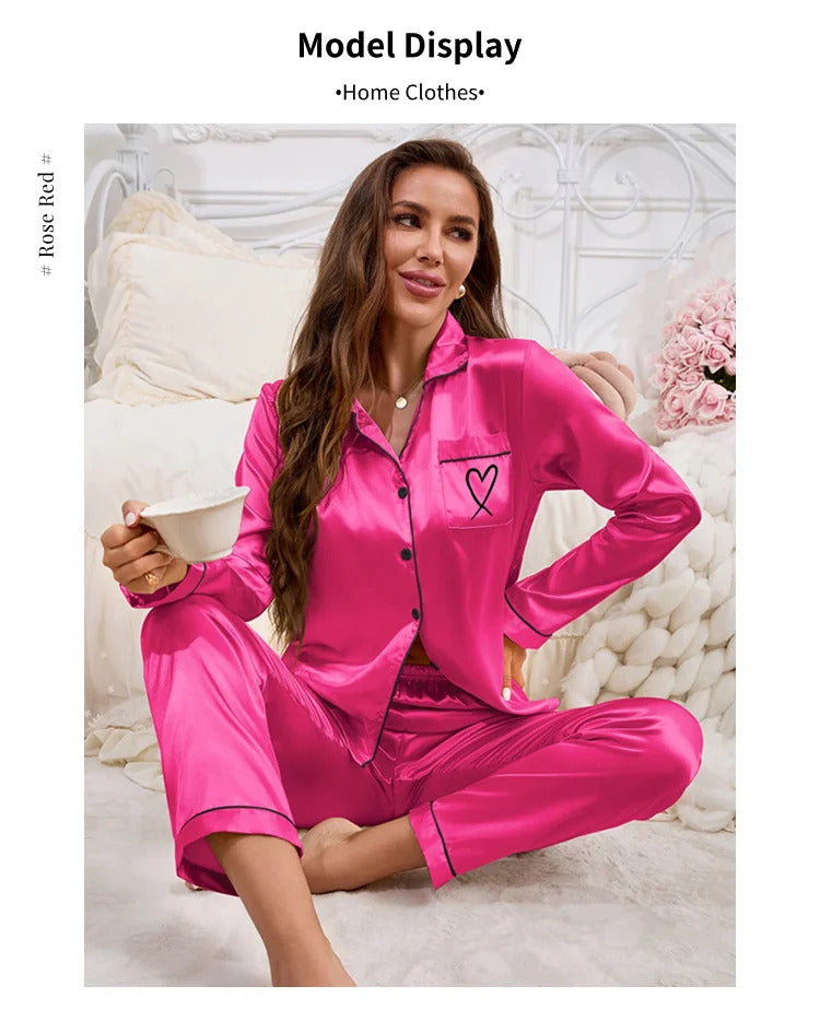 Autumn Satin Pajama for Women Heart-shaped Embroidery Sleepwear & Loungewear Long Sleeve Top & Pants Home Clothes Pyjama 2 Piece