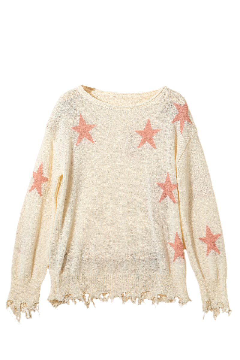 Beige Starry Long Sleeve Raw Hem Sweater