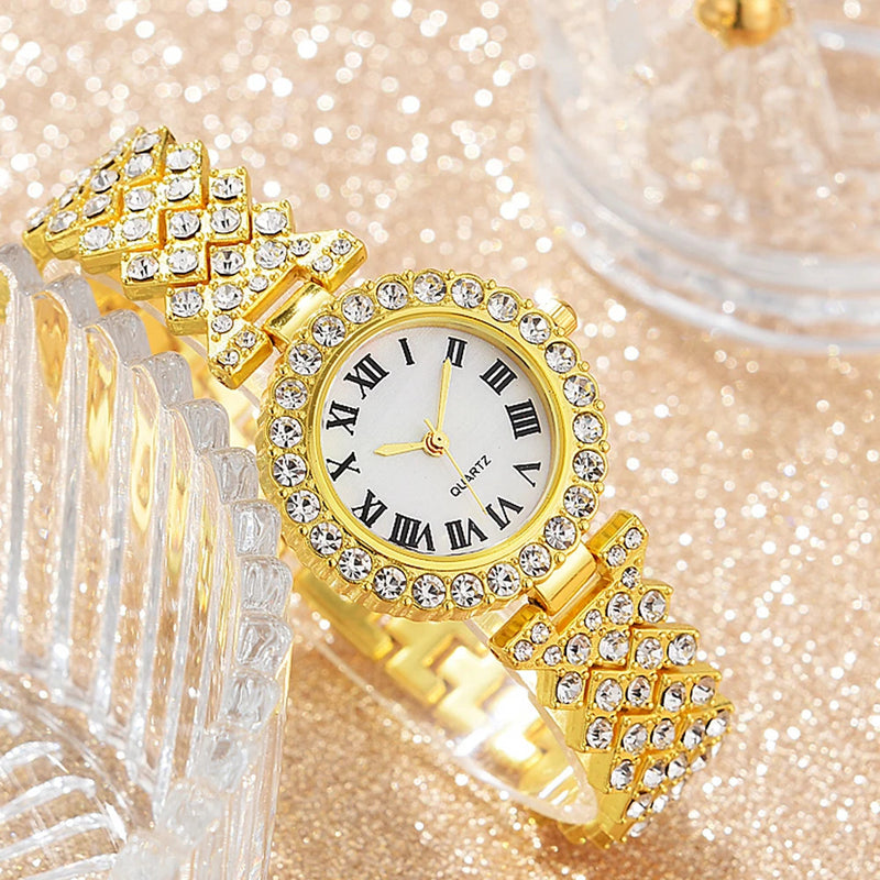 Fashion Luxury Women Gold Watch Bracelet Necklace 6Pcs Set Ladies Diamond Quartz Wristwatch Valentine's Day Mother's Day Gift