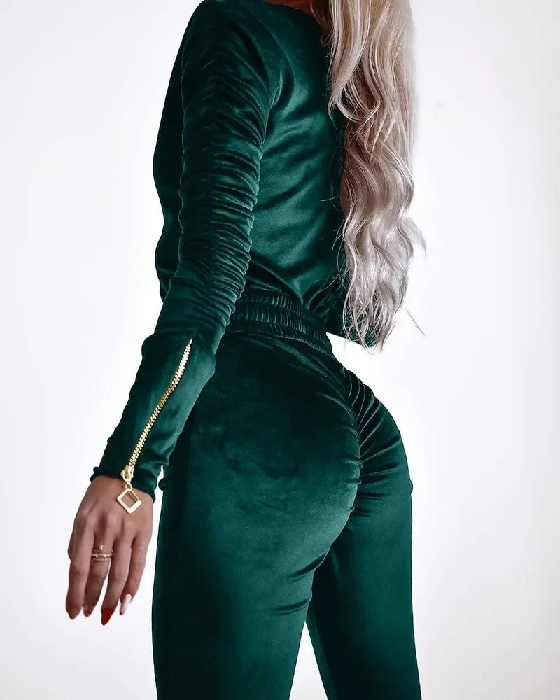 Velvet Zipper Design Jumpsuits for Women 2024 Elegant Ruched Long Sleeve Jumpsuit with Elastic Waistbelt Overalls Woman Clothing