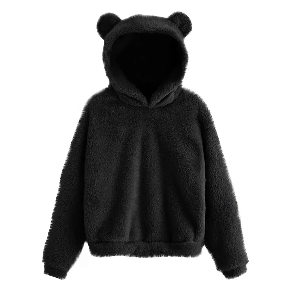 Women's Pullover Long Sleeve Fleece Sweatshirt Warm Bear Shape Fuzzy Hoodie Sweater Pullover