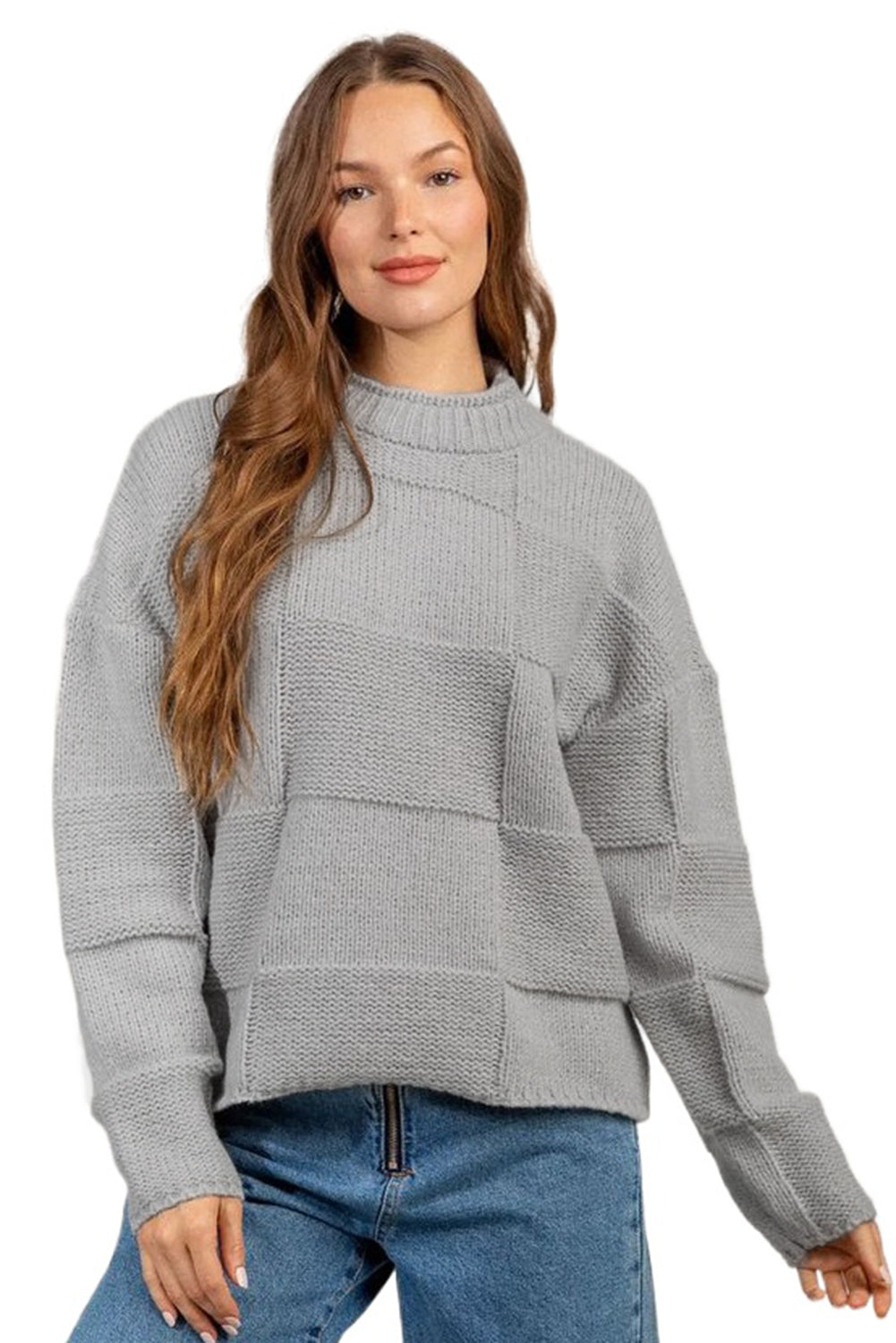 Gray Mock Neck Checkered Textured Sweater