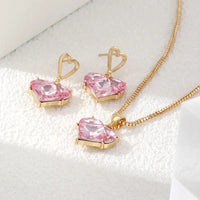 3pcs Trendy Y2k Heart-shaped Zircon Pink Crystal Pendant Earrings Necklaces Set for Women Heart Elegant Exquisite Party Jewelr