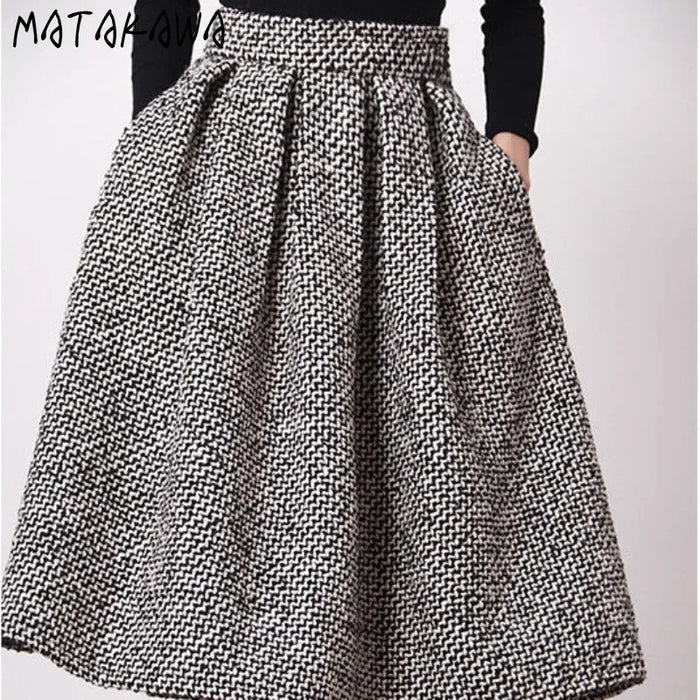 Matakawa Woolen Faldas Mujer Plaid Vintage Thick Autumn Winter Korean Fashion Women Skirts High Waist A-line Retro Long Skirt