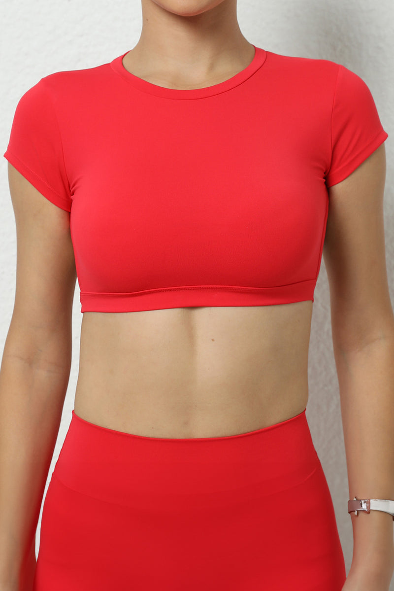 Fiery Red Solid Color Short Sleeve Backless Active Crop Top