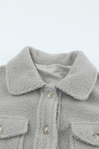 Gray Flap Pockets Button Front Teddy Jacket