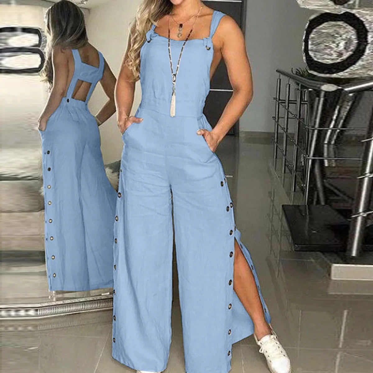 Summer Fashion Womens Sleeveless Jumpsuit Rompers Ladies Solid Wide Leg Button Openings Long Trousers Suspenders Overalls Pocket