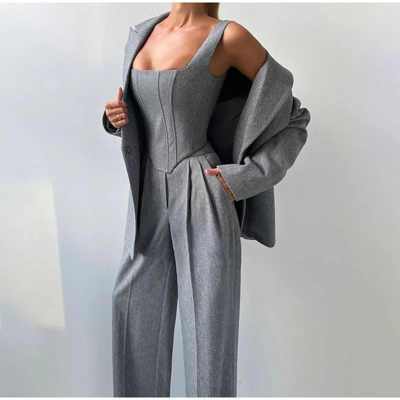 Fashion Grey Pants Sets For Women 3 Pieces Elegant Long Sleeve Belt Blazer Tank Top With High Waist Wide Trousers Lady Suits