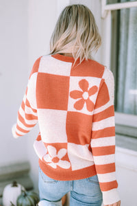 Orchid Petal Checkered Floral Print Striped Sleeve Sweater