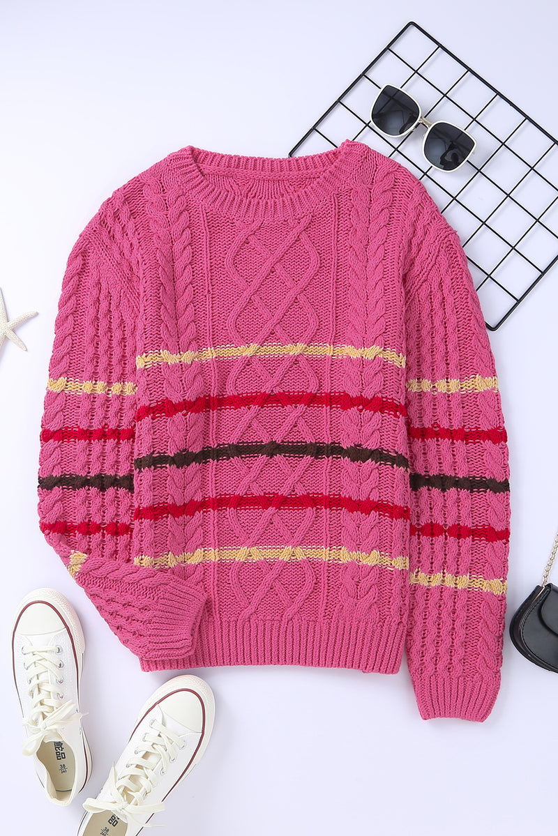 Rose Striped Color Block Textured Knit Pullover Sweater