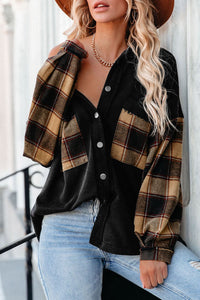 Black Plaid Patchwork Chest Pockets Oversized Shirt Jacket