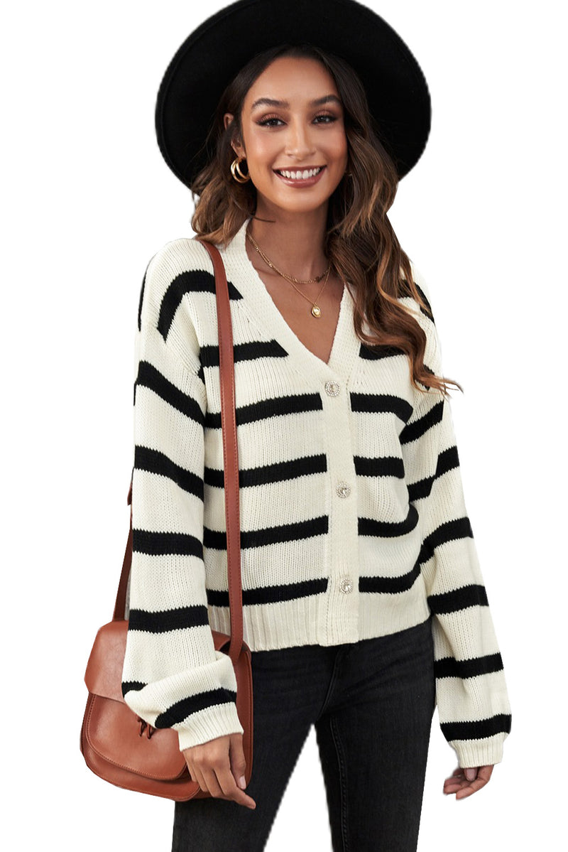 Striped V-Neck Buttoned Open Front Knitted Sweater