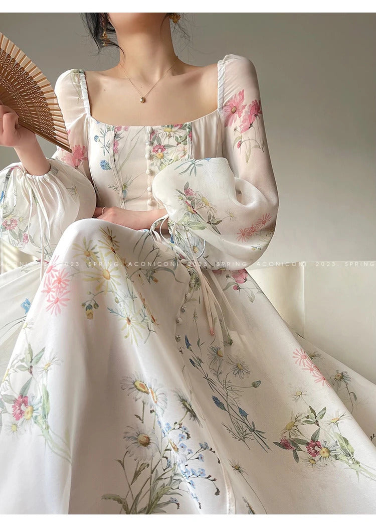 French Vinatge Evening Party Long Dresses for Women Floral A-line Princess Dress Lantern Sleeve Spring Summer Prom Robe Vestidos