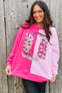 Pink Color Block Sequined Cowgirl Boots Graphic Sweatshirt