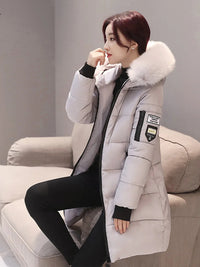 Women Winter Black Fur Collar Hooded Parka Fashion Letter Patch Zipper Pockets Long Jacket Elegant Slim Warm Thick Female Coats