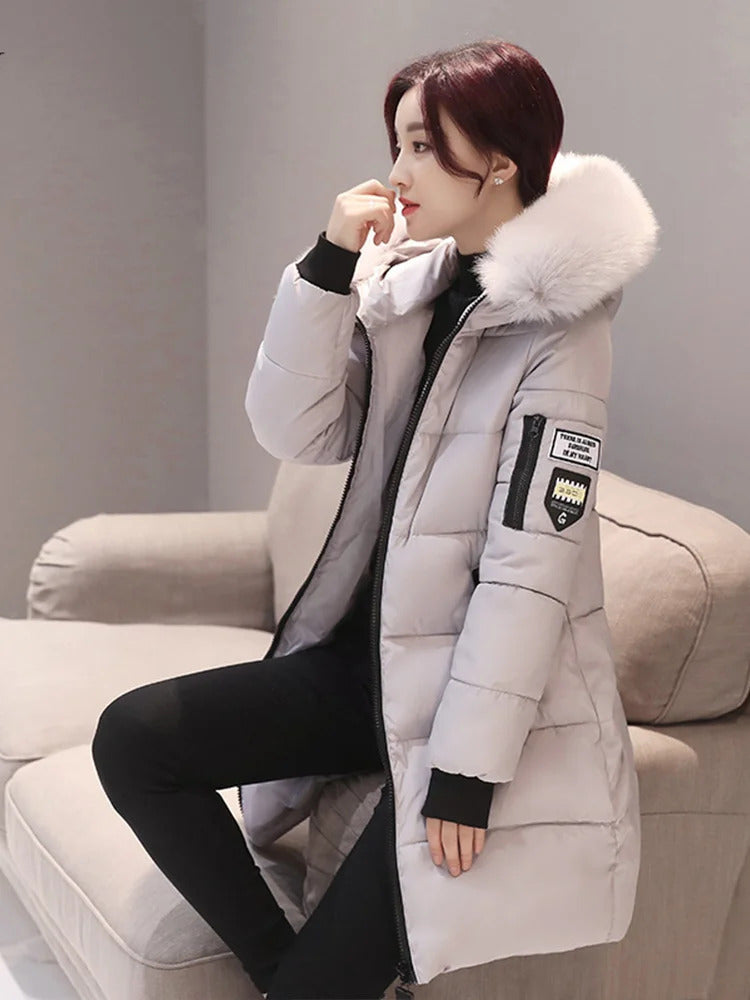 Women Winter Black Fur Collar Hooded Parka Fashion Letter Patch Zipper Pockets Long Jacket Elegant Slim Warm Thick Female Coats