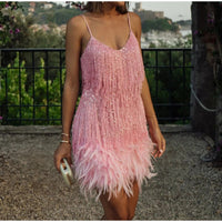 2023 New Sexy Tassel Sequins Feather Mini Dress Women Spaghetti Strap Stitching Dresses Female Elegant Evening Party Club Dress