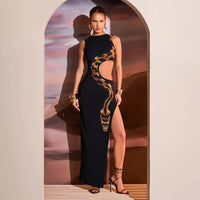 Black Cut Out Beach Dress Women Fashion Snake Print Slim Club Party Dresses Summer Sexy Split Sleeveless Long Dress 2024 New