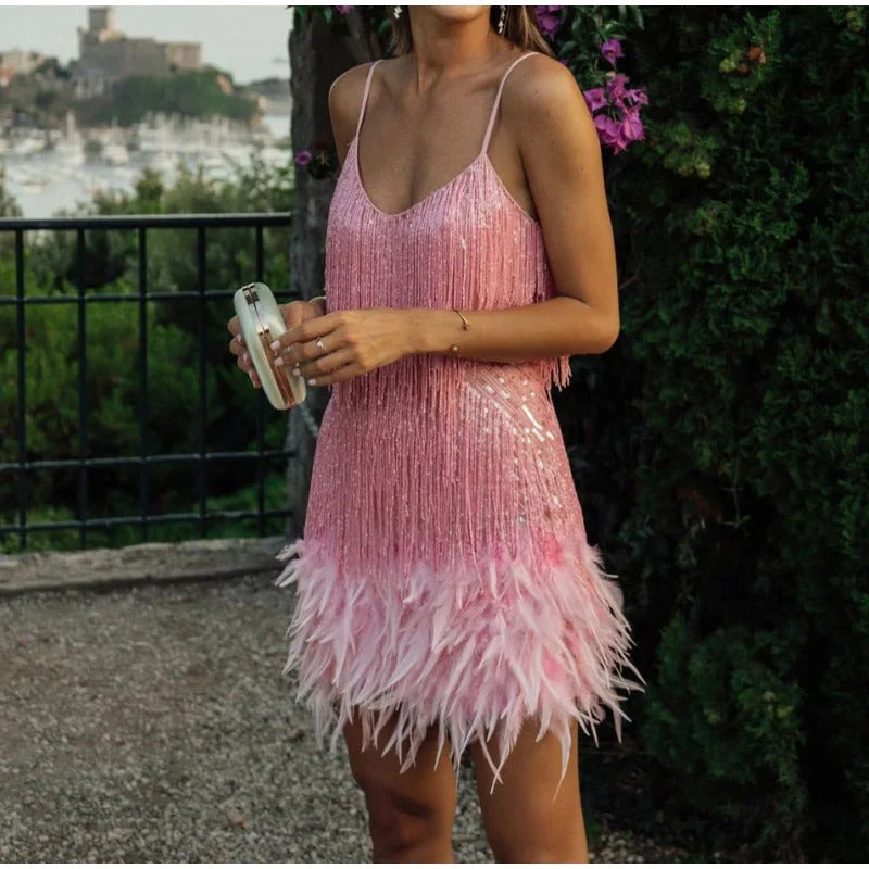 2023 New Sexy Tassel Sequins Feather Mini Dress Women Spaghetti Strap Stitching Dresses Female Elegant Evening Party Club Dress