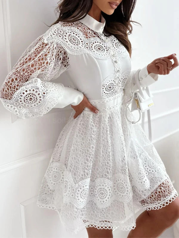 Spring Summer Women Solid O-Neck Mini Dress Loungewear Fashion Hollow Out Lantern Sleeve Ladies Party Dress Streetwear Vestidos