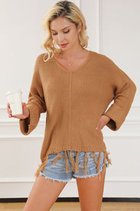 Camel Tasseled Hem Knit Baggy Sweater