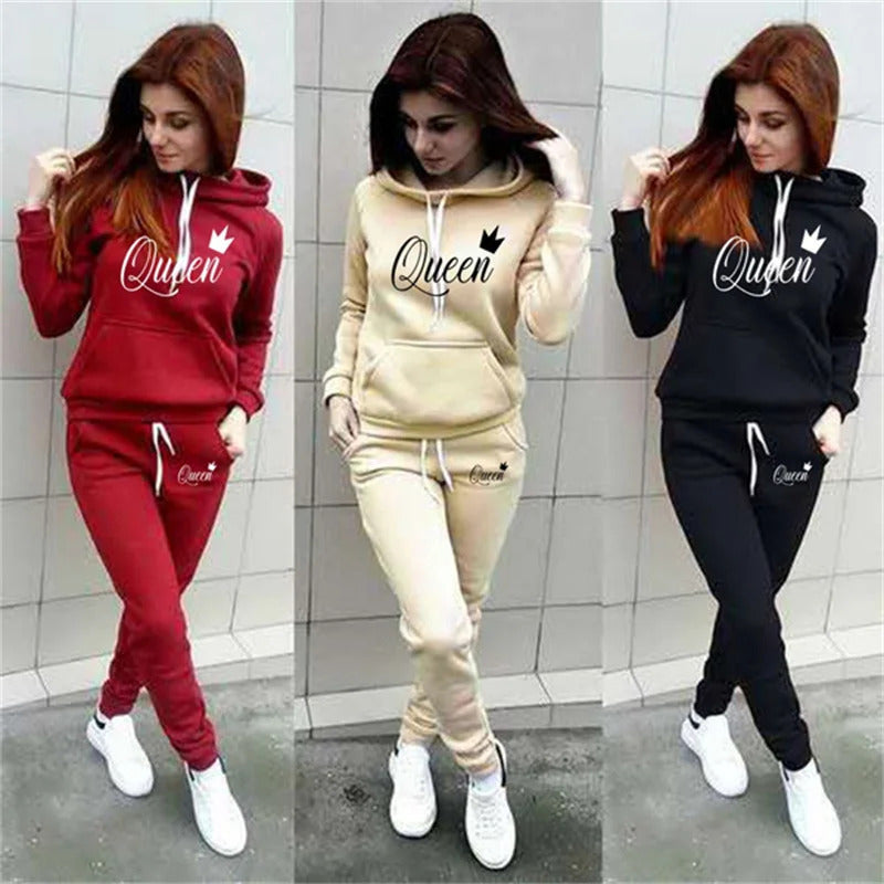 Hot women's 2-piece QUEEN print sports suit sportswear jogging suit women's hooded sportswear suit clothes hoodie+sweatpants