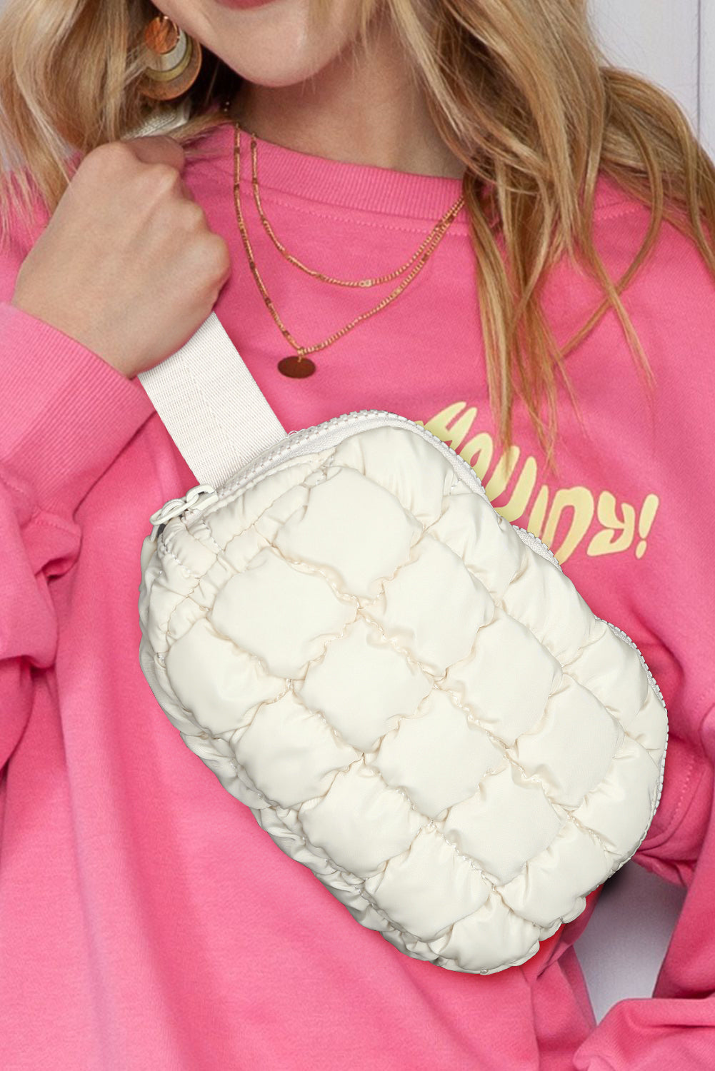 Beige Puffy Quilted Crossbody Bag