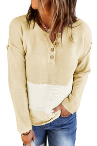 Brown Splicing Buttoned Knitted Long Sleeve Sweater