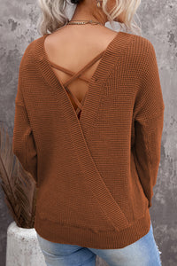 Brown Cross Back Hollow-out Sweater