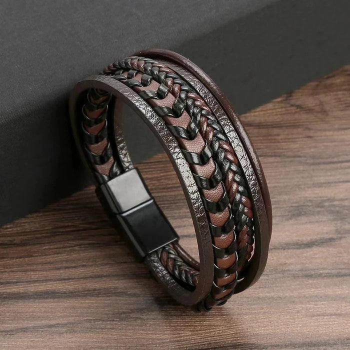 1pc Fashion Accessories MEN'S Multi-layered Vintage Leather Rope Braided Bracelet Alloy Magnetic Buckle Bracelet