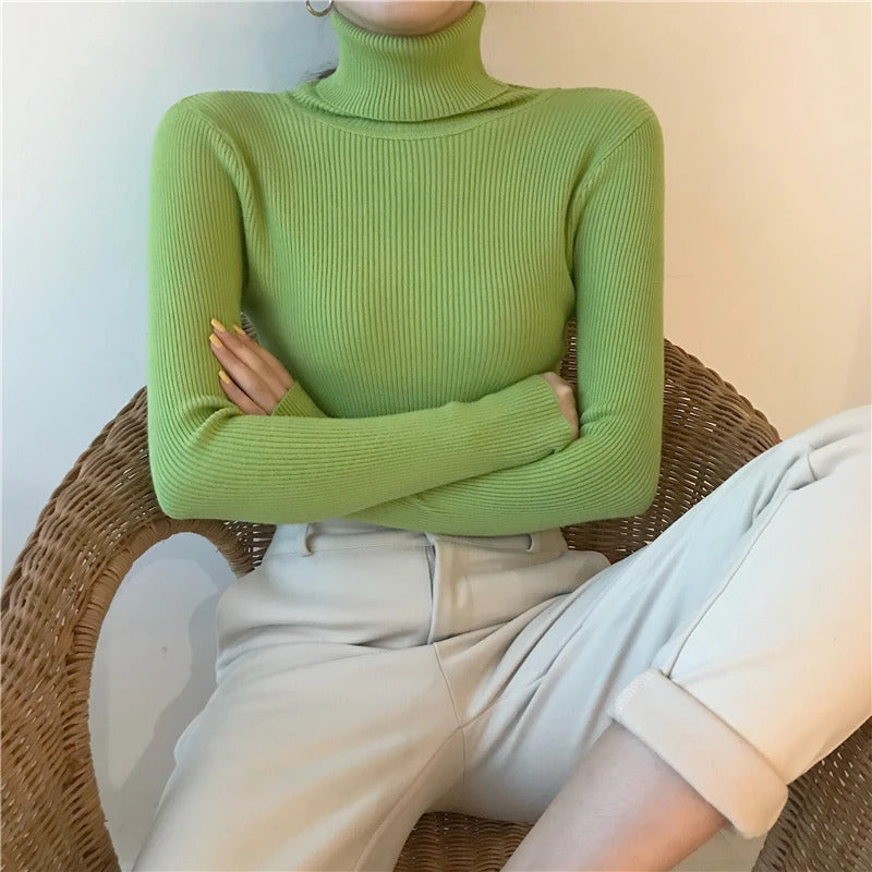 2024 Autumn Winter Thick Sweater Women Knitted Ribbed Pullover Sweater Long Sleeve Turtleneck Slim Jumper Soft Warm Pull Femme