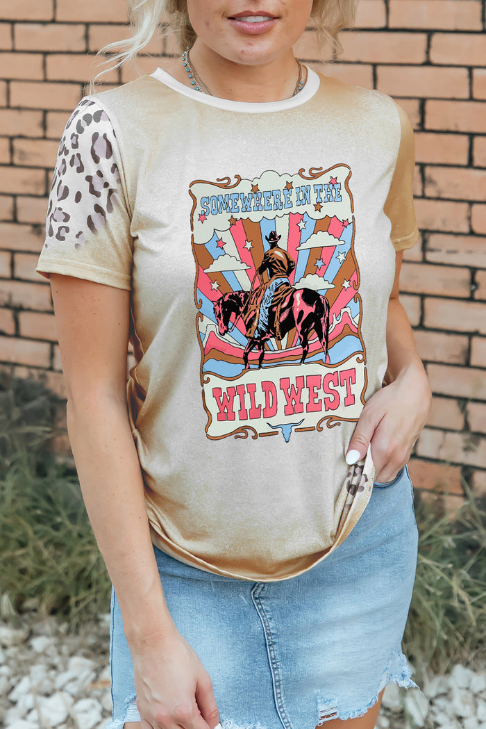 Khaki Bleached WILD WEST Cowboy Leopard Graphic Tee