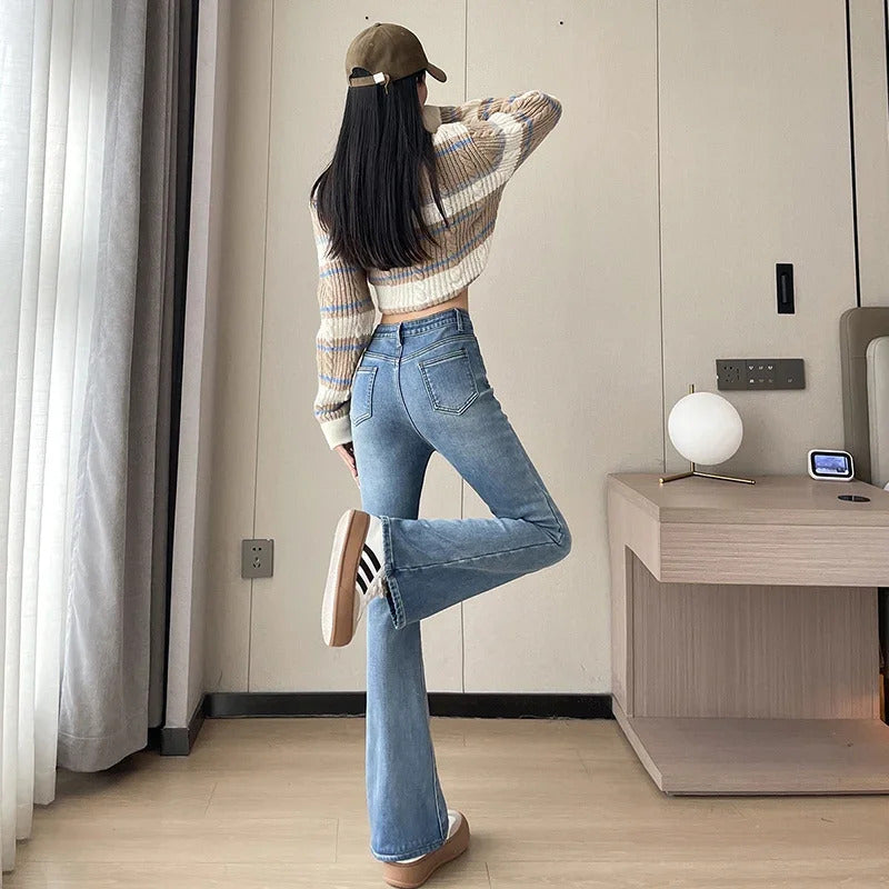 2023 Fashion New Women Warm Plush Flared Jeans Thermal Fleece Loose Denim Pants Female High Waist Urban Straight Flare Trouser