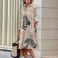 Floral Pattern Shirt Dress Elegant Women's Summer Casual Lapel Long Sleeve Midi Dress High Temperament Fashion Street Shirt