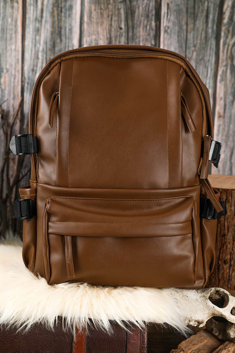 Chestnut Faux Leather Zipped Large Capacity Backpack