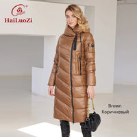 HaiLuoZi 2024 New Women's Winter Jacket Long Warm Windproof Hooded Zipper Quilted Casual Slim Cotton Lady Parkas Women Coat 6055