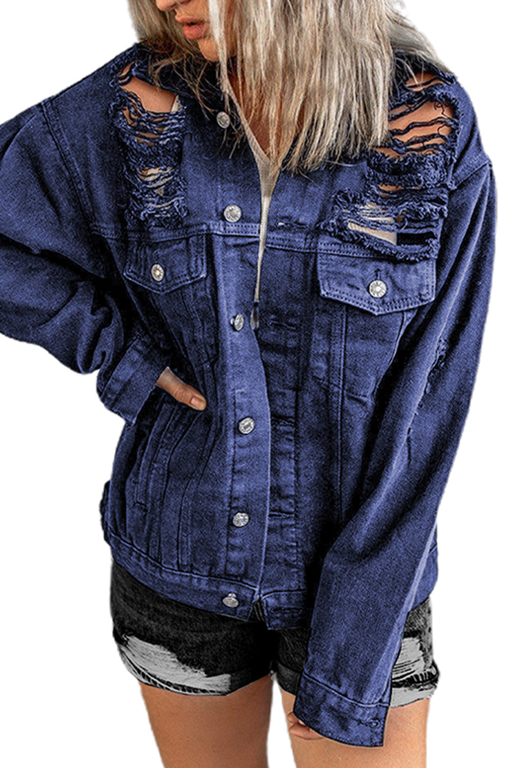 Blue Distressed Buttons Chest Pockets Denim Jacket