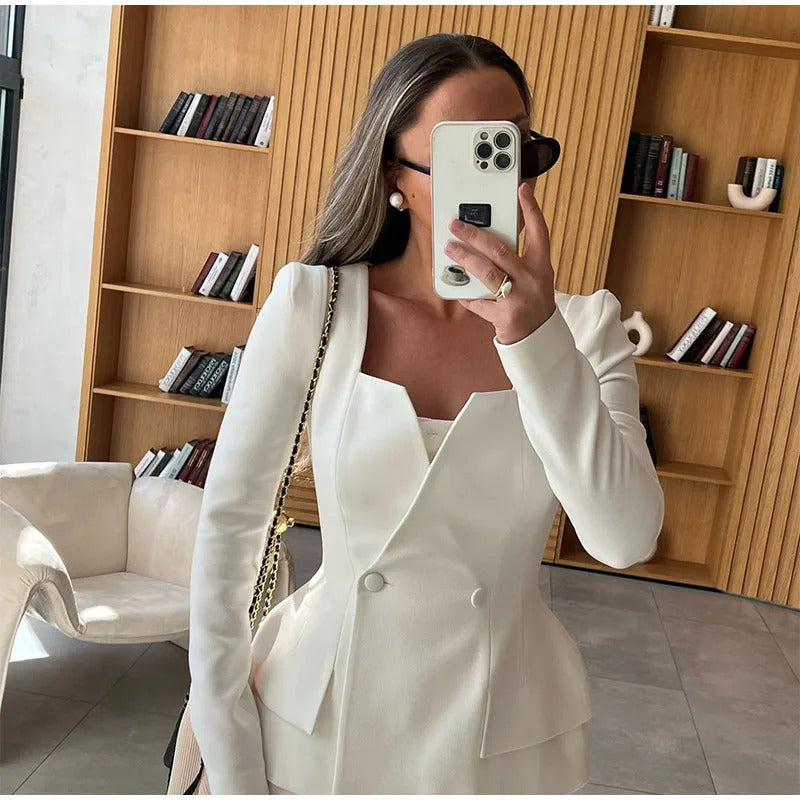 Elegant White Square Collar Long Sleeve High Waist Top Skirt Set Women Fashion Solid Slim Fit Suits 2025 Lady Chic Party Outfits