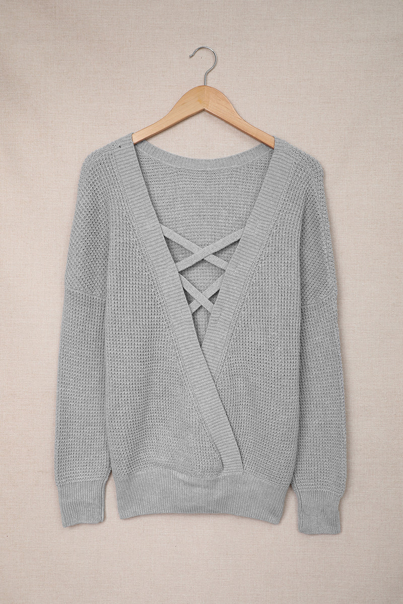 Brown Cross Back Hollow-out Sweater