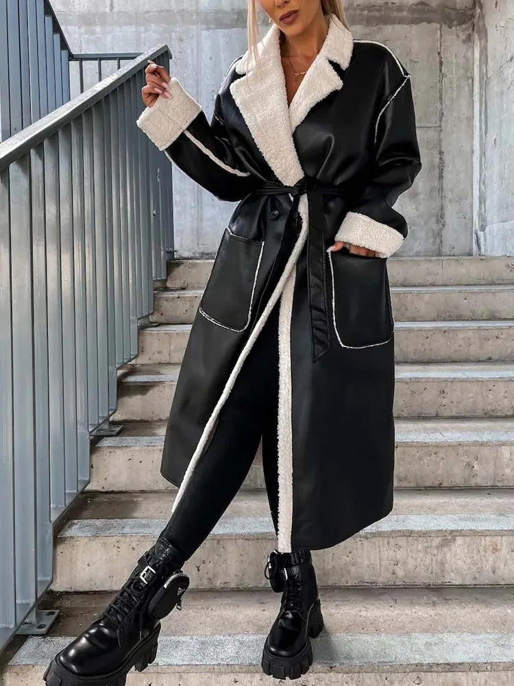 2022 Winter PU Faux Leather Coat Women Long Leather Jacket Black Thick Warm Coats for Women