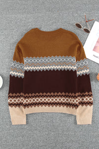 Brown Printed Crew Neck Knit Sweater