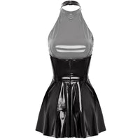 Womens Latex Swing Skirt Disco Dress Glossy Patent Leather Clubwear Halter Sleeveless Skater Mini Dress Rave Party Clubwear